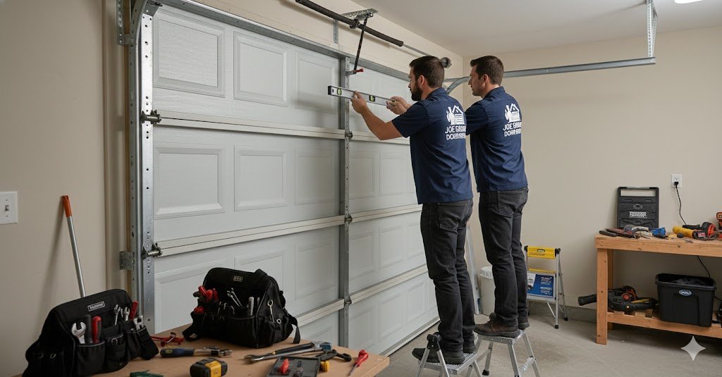 Technician aligning garage door tracks