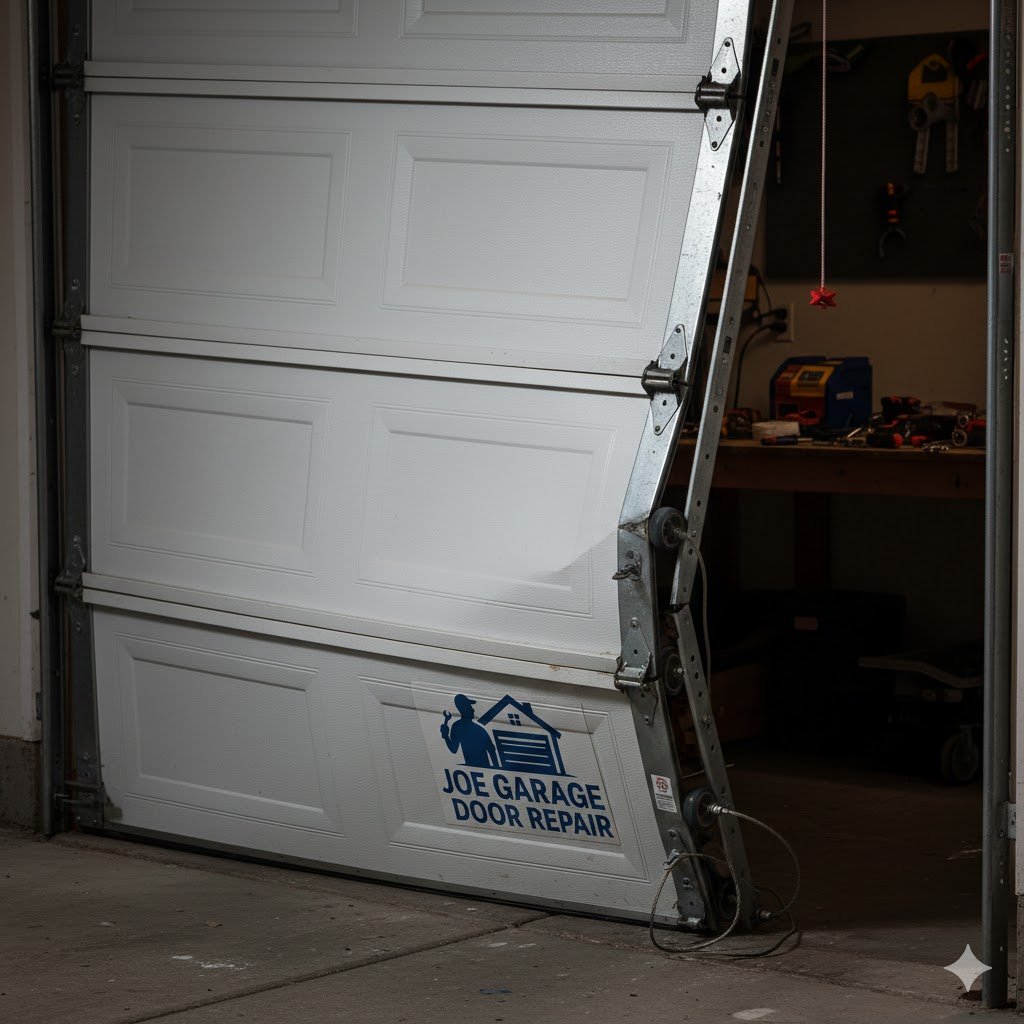 Off-track garage door being repaired