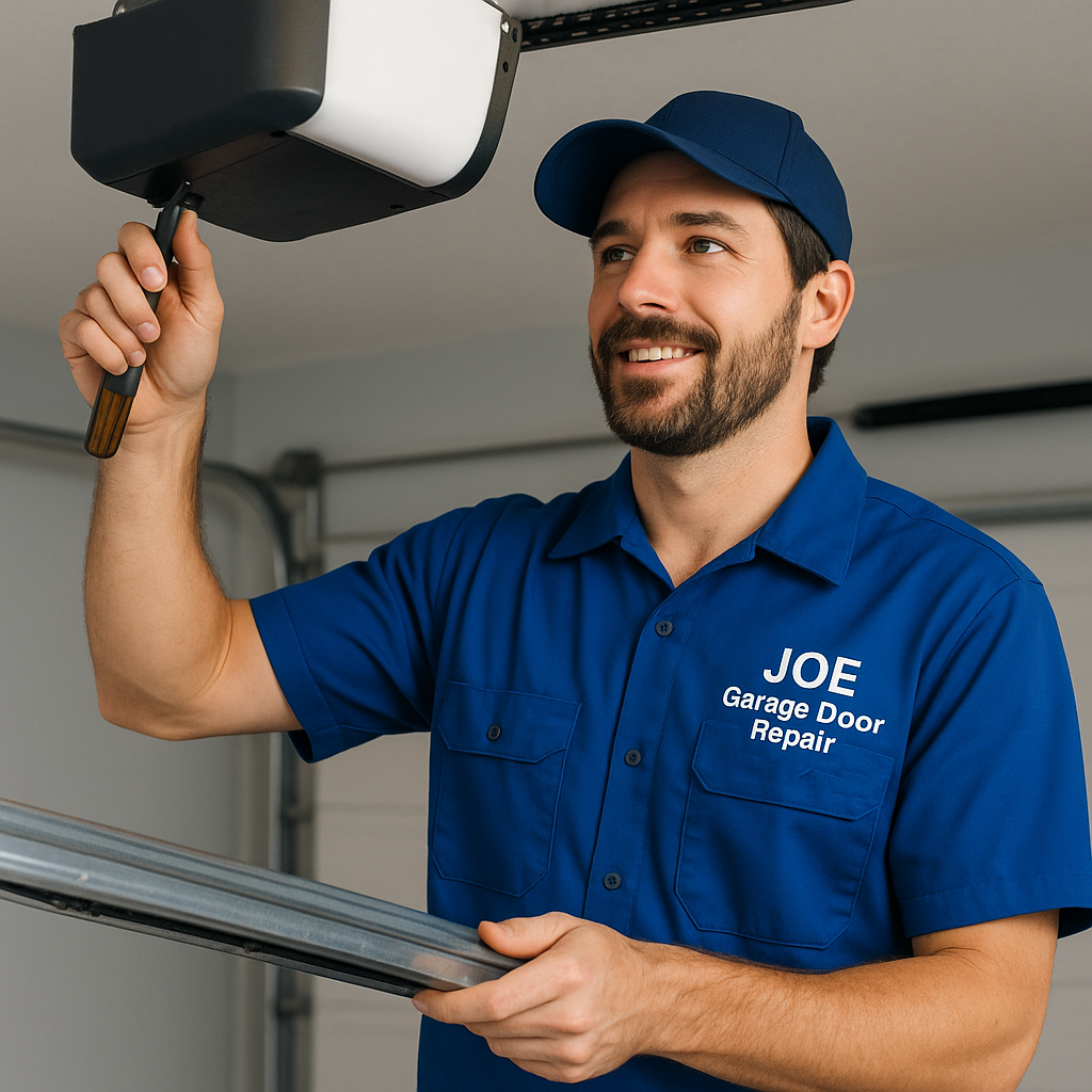 Joe Garage Door Repair technician fixing a garage door opener in a Framingham home